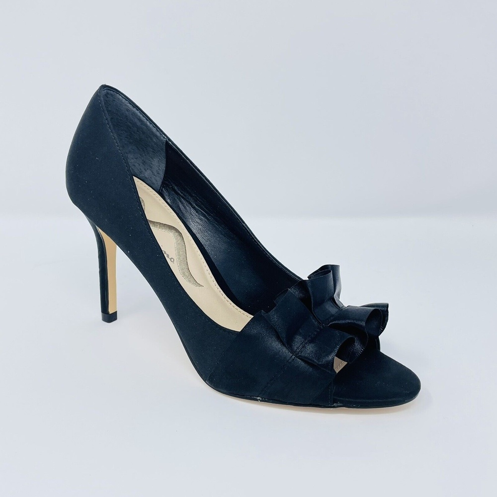 Nina Evelixa Ruffle Peep Toe Heels in Black Satin Womans Shoes SZ 7 M